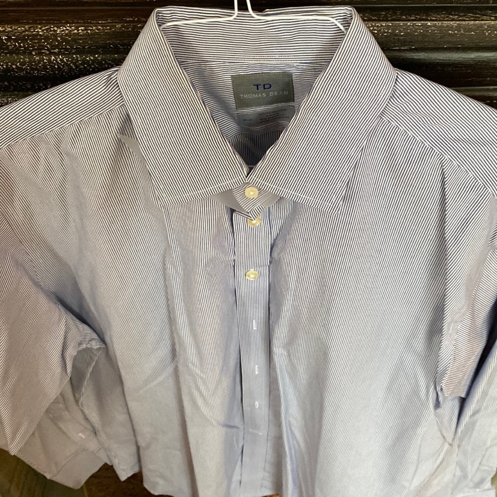 Blue stripe, Thomas Dean 16 1/2 R dress shirt